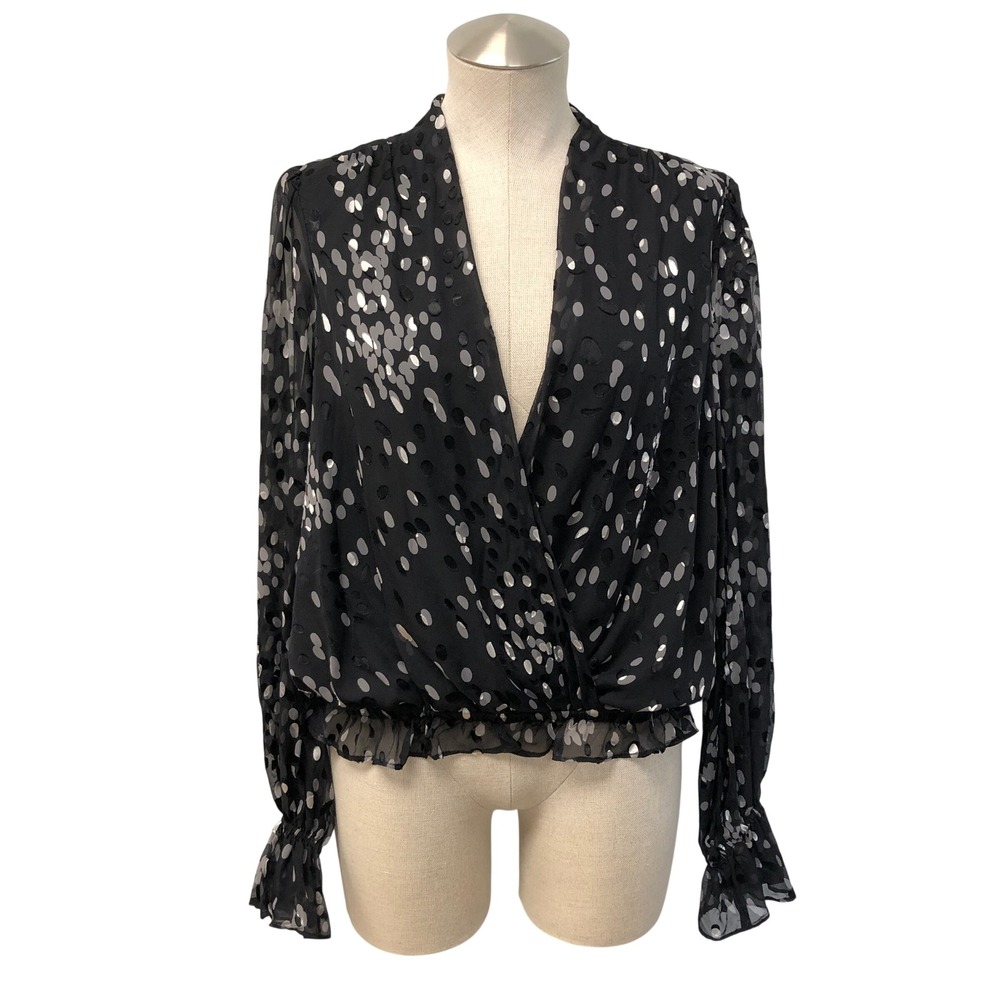 Ramy Brook Blouse Womens Large Black Silver Burnout Polka Dot Surplice Metallic
